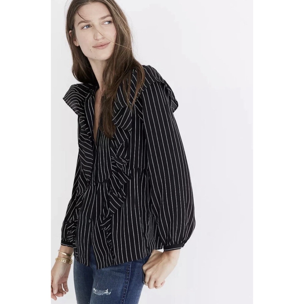Madewell Silk Ruffle Button Front Blouse XL Black‎ White Pinstripe Long Sleeve